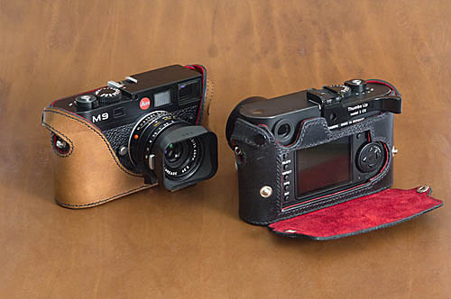 Case for the M9, M9-P, M-E and Monochrom in brown and black. The black case has the cutout for the Thumbs Up grip and the optional screen protector.Â